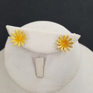 Vintage Yellow Golden Flower Metal Post Earrings Costume Jewelry